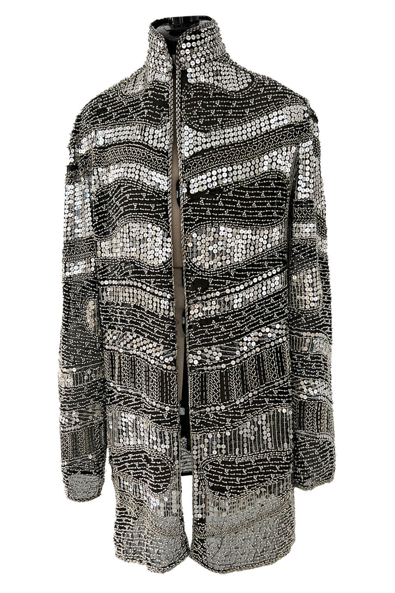 Sparkly Spring 1981 Halston Silver Sequin & Beaded Black Silk Chiffon Jacket