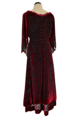 Gorgeous 1980s Zandra Rhodes Deep Red Cut Velvet Caftan Dress w Beaded Detailing