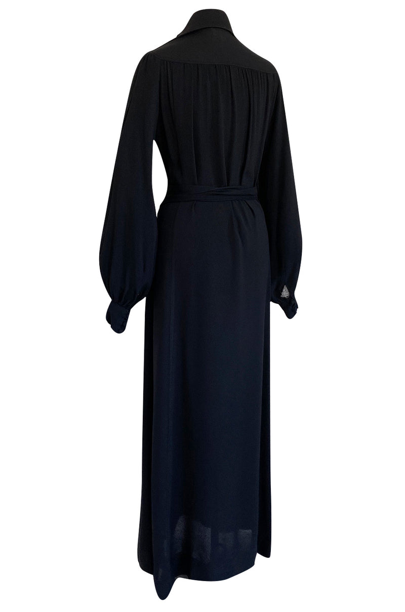 c.1969 Ossie Clark Black Moss Crepe Dress w Bishop Sleeves, Button Front & Dog Ear Collar