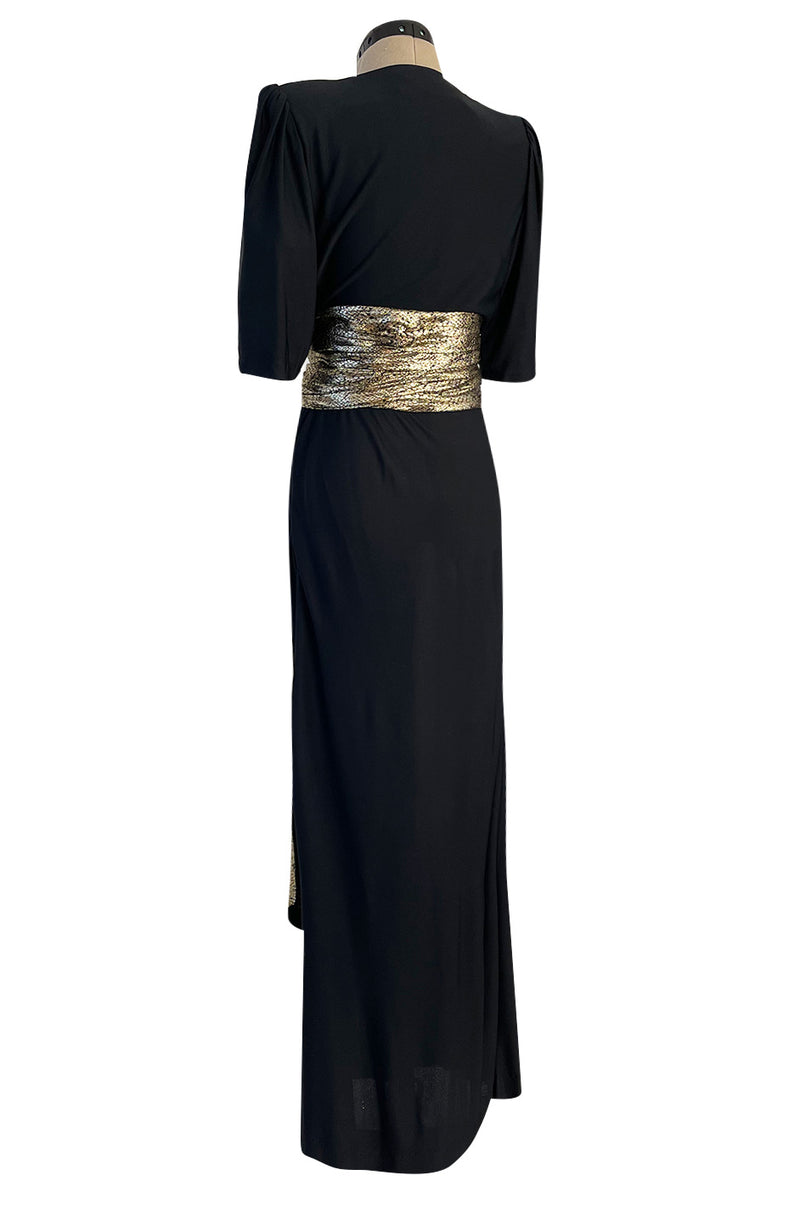 Spring 1986 Yves Saint Laurent Black Crepe & Jersey Dress w Gold Lame Shrimpton Couture Spring 1986 Yves Saint Laurent Black Crepe & Jersey Dress w Gold Lame Shrimpton Couture