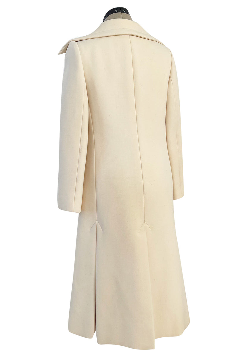 Fabulous 1960s Galanos Ivory Wool Tailored Coat w Front Pocket Detail & Arrow Stitched Seams