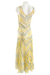 1990s Christian Dior by John Galliano Chevron Stripe Yellow Bias Cut Silk Chiffon Dress