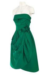 1950s Suzy Perette Emerald Green Strapless Full Skirted Dress w 3D Flower Detailing