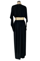 Documented 1980 Bill Tice Plunging Front Black Jersey Dress w Top Stitched Gold Belt