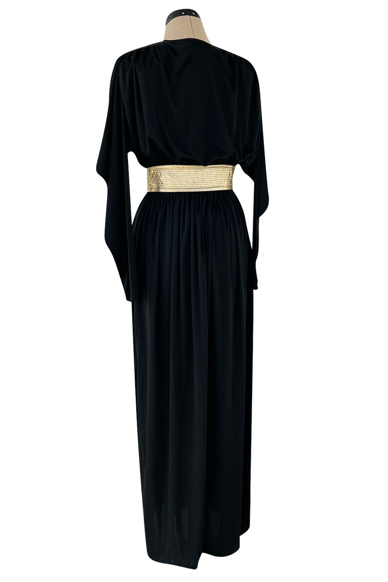 Documented 1980 Bill Tice Plunging Front Black Jersey Dress w Top Stitched Gold Belt