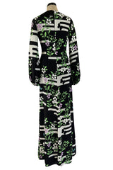 Prettiest 1970s Hanae Mori Printed Black & Green Floral Easy to Wear Jersey Dress