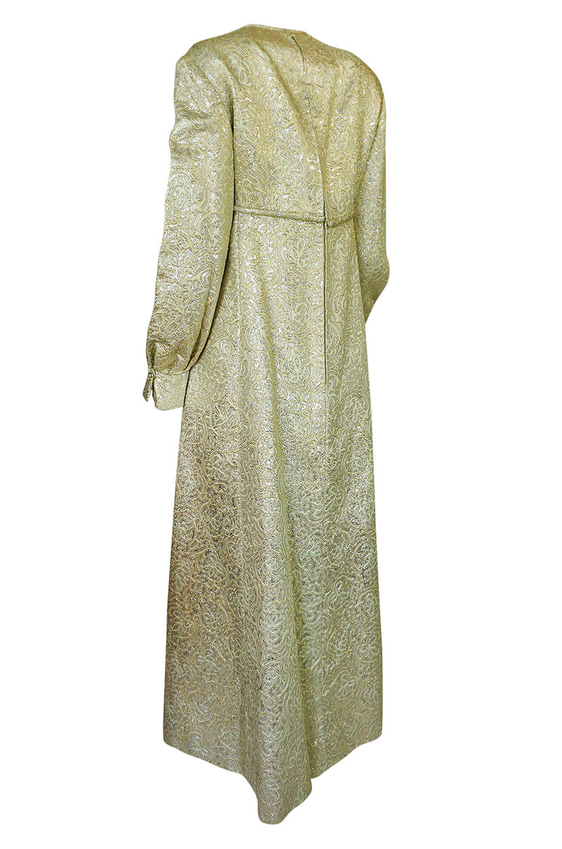 1960s Malcolm Starr Green & Gold Metallic Brocade Maxi Dress