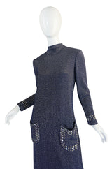 1970s Pauline Trigere Blue Lurex & Rhinestone Dress