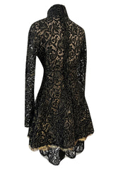 1980s James Galanos Attributed Demi-Couture Black & Metallic Gold Lace Dress Set