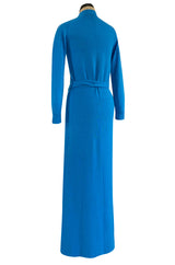 Documented Fall 1977 Halston Cashmere Sky Blue Dress w Extra Long Attached Wrap Ties