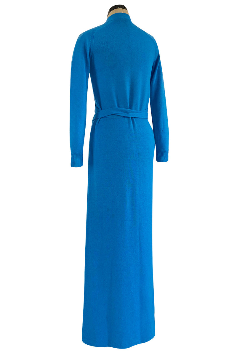 Documented Fall 1977 Halston Cashmere Sky Blue Dress w Extra Long Attached Wrap Ties