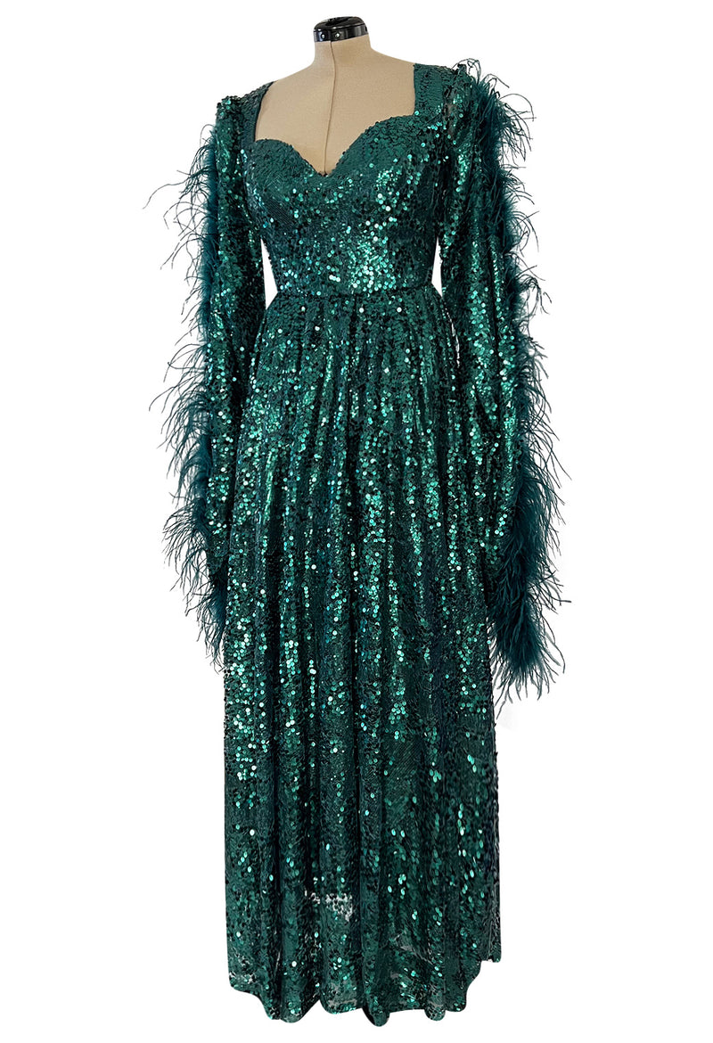 1970s Unlabeled Green Sequin Dress w Dramatic Feather Trimmed Open Extra Long Sleeve