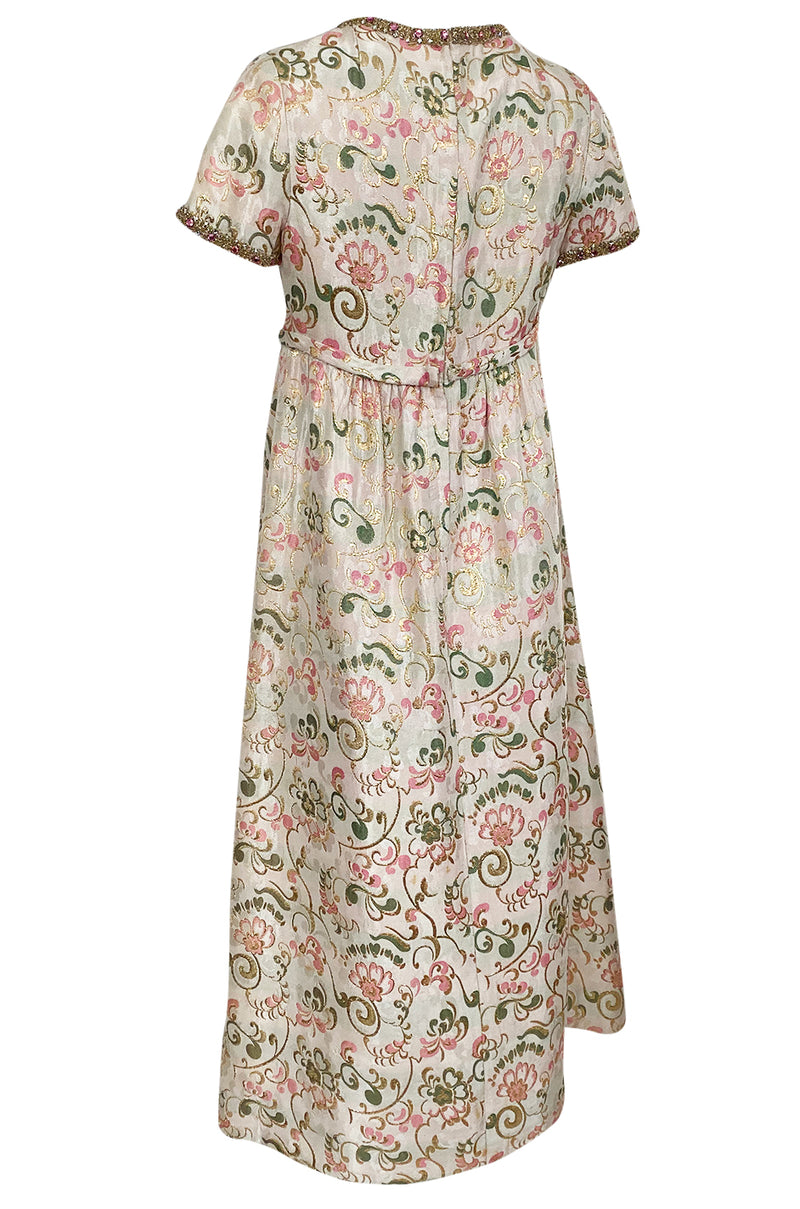 1960s Nat Kaplan Silk Brocade Midi Dress w Elaborate Crystal Detailing