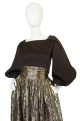 1970s Travilla Puffed Sleeve Silk & Gold Lame Gown