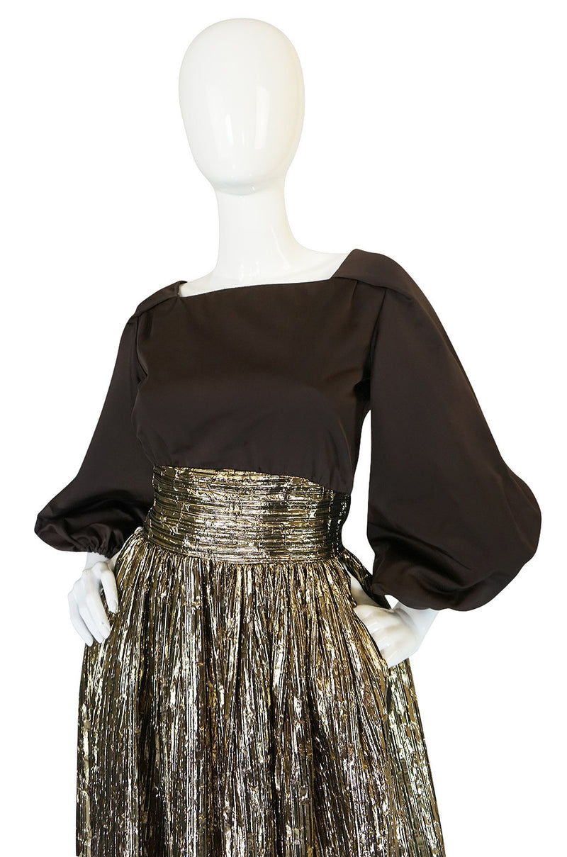1970s Travilla Puffed Sleeve Silk & Gold Lame Gown