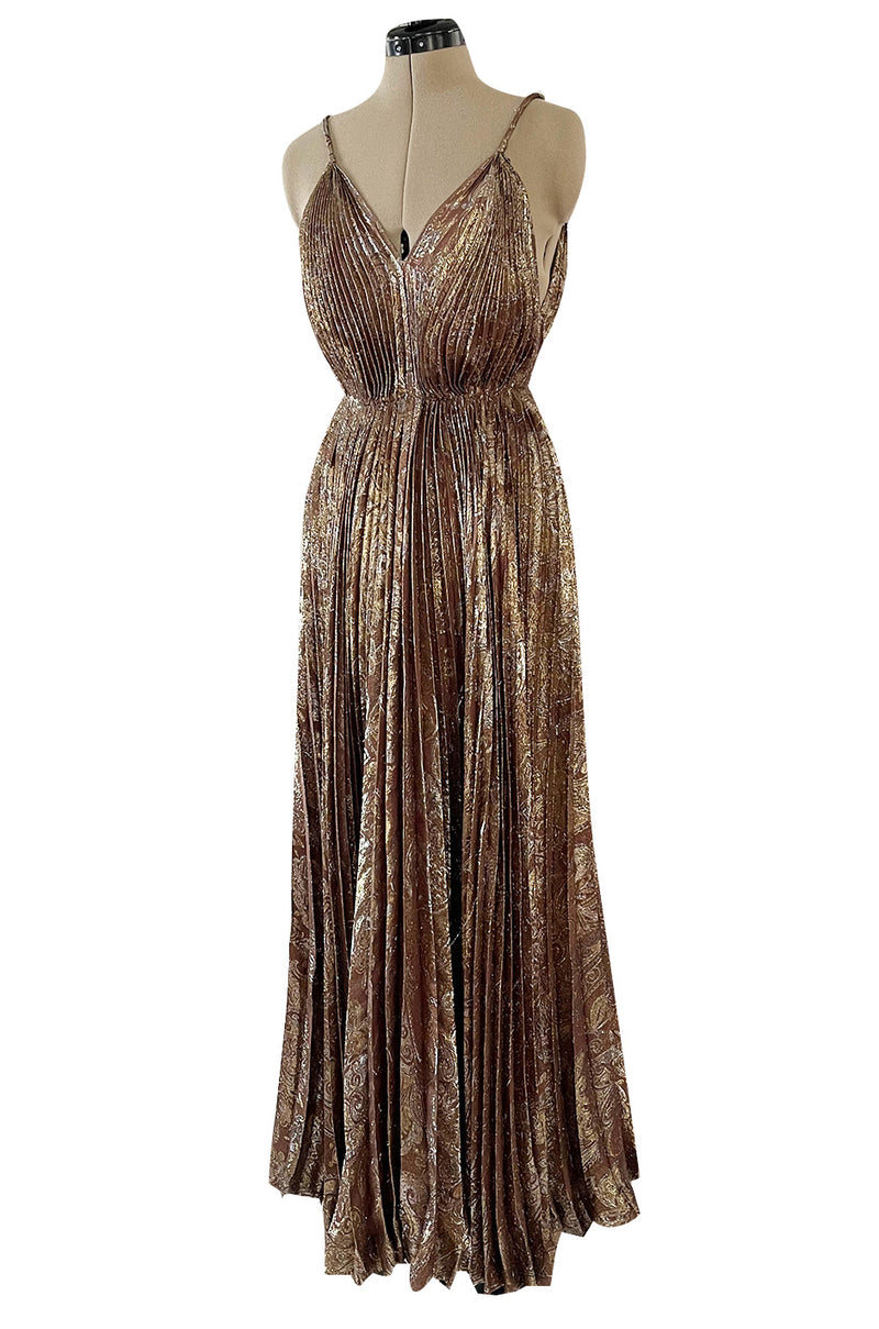 Incredible Spring 1977 Jean Patou by Angelo Tarlazzi Plunging Bronze Silk Lame Metallic Pleat Dress