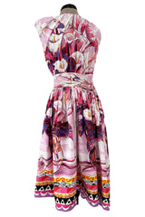 Prettiest Recent Prada Pink Flowerpot Postcard Print Cotton Dress w Asymetrical Hemline