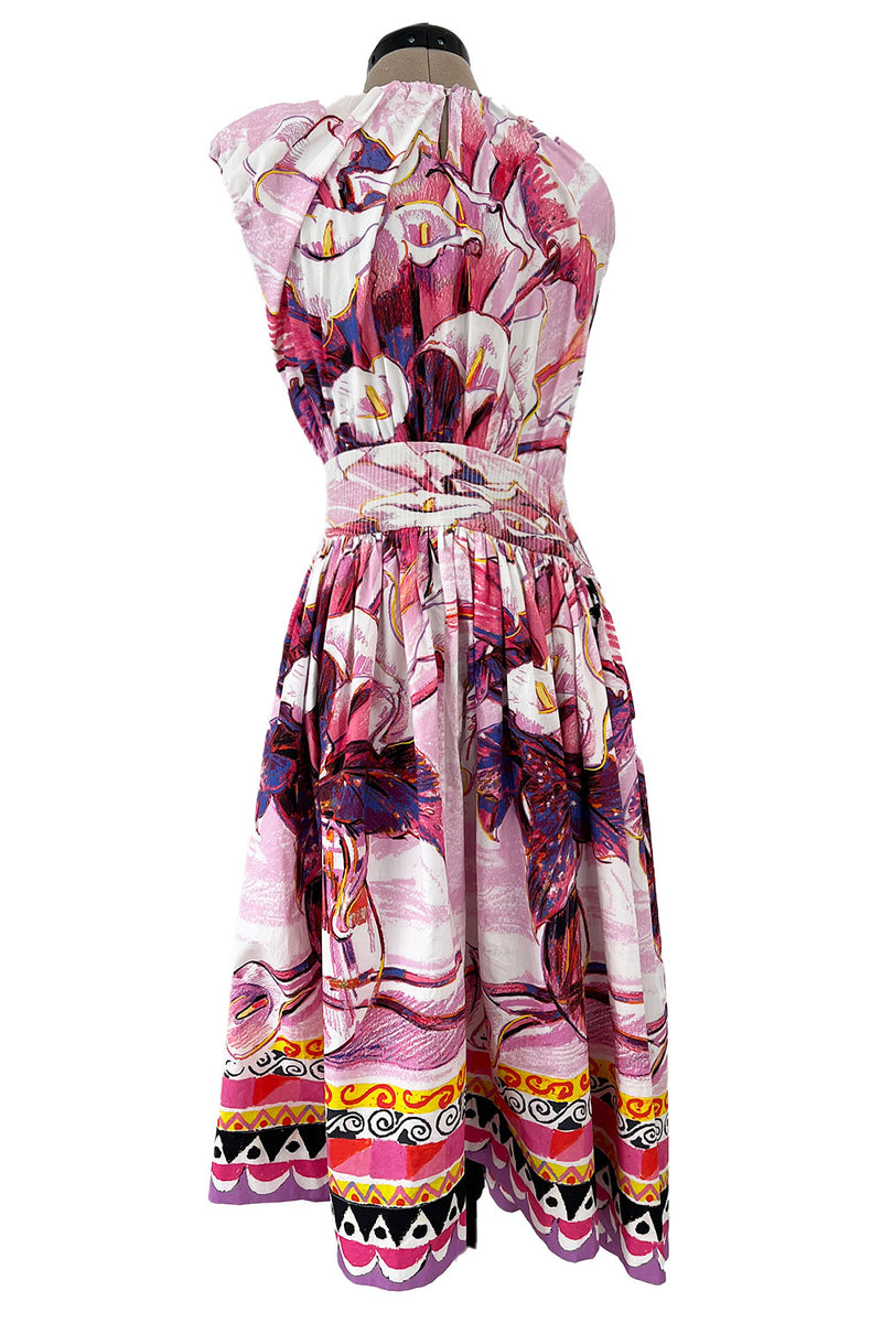 Prettiest Recent Prada Pink Flowerpot Postcard Print Cotton Dress w Asymetrical Hemline