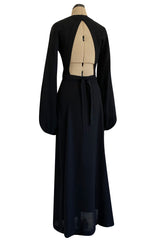 Iconic 1972 Ossie Clark Couture Black Moss Crepe Open Back Wrapped Dress w Bishop Sleeves