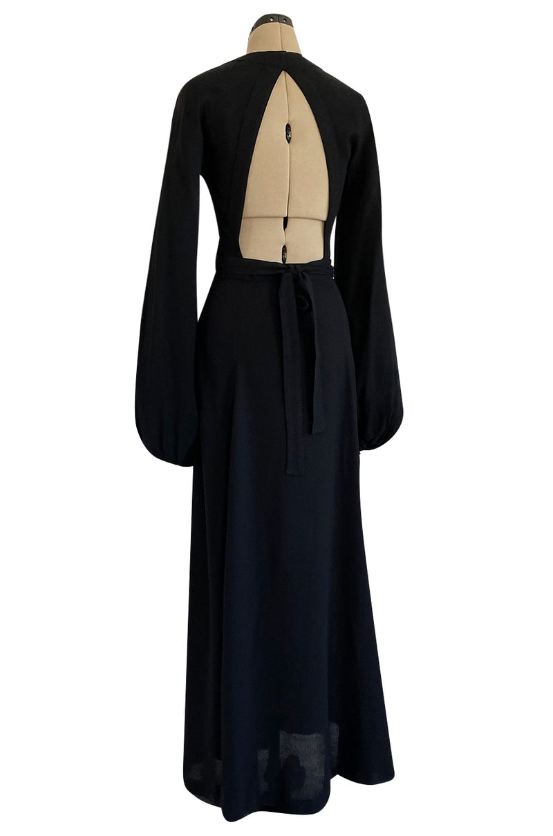 Iconic 1972 Ossie Clark Couture Black Moss Crepe Open Back Wrapped Dress w Bishop Sleeves