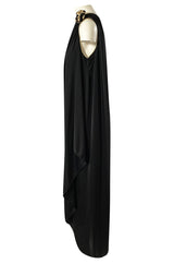 1981 Bill Tice Black One Shoulder Jersey Dress w Gold Lame Flower Detailing