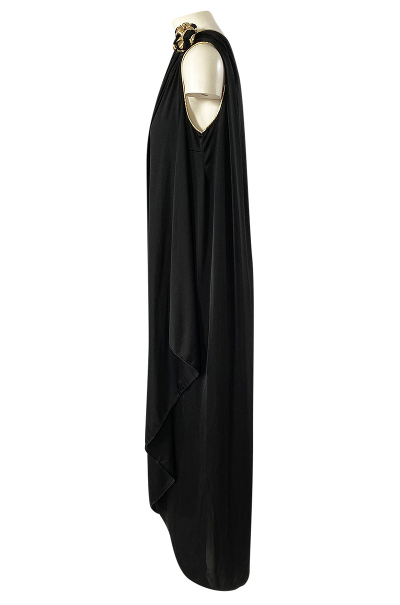 1981 Bill Tice Black One Shoulder Jersey Dress w Gold Lame Flower Detailing