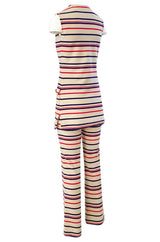 1970s Givenchy Taupe Red and Blue Striped Knit Jersey Pant & Top Set