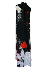 1970s Malama Hawaii  Bright Red Floral Jersey Black Dress