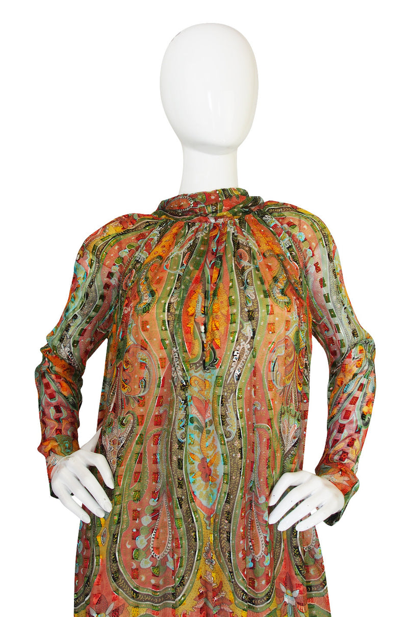 1970s Silk Chiffon Pauline Trigere Caftan Dress