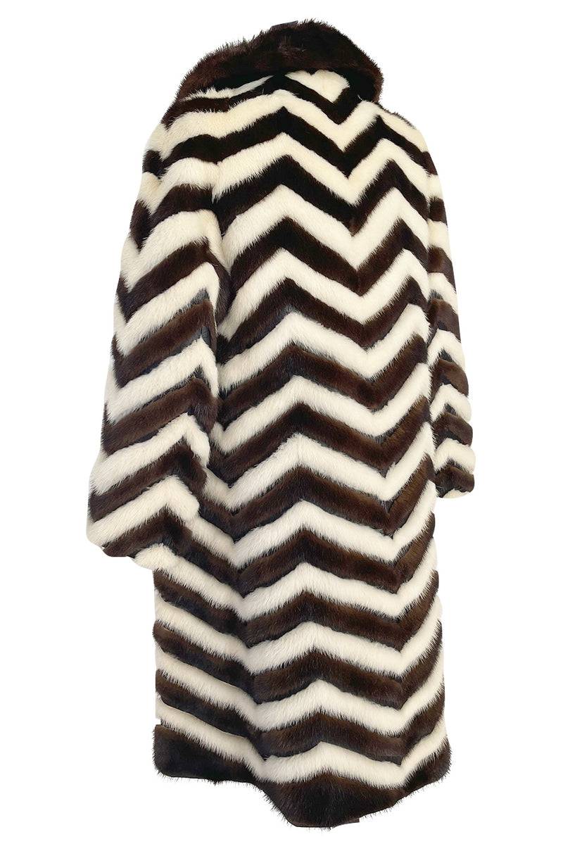 Wonderful 1960s Mink Coat w a Deep Brown Chocolate & Ivory Fur & Leather Chevron Pattern