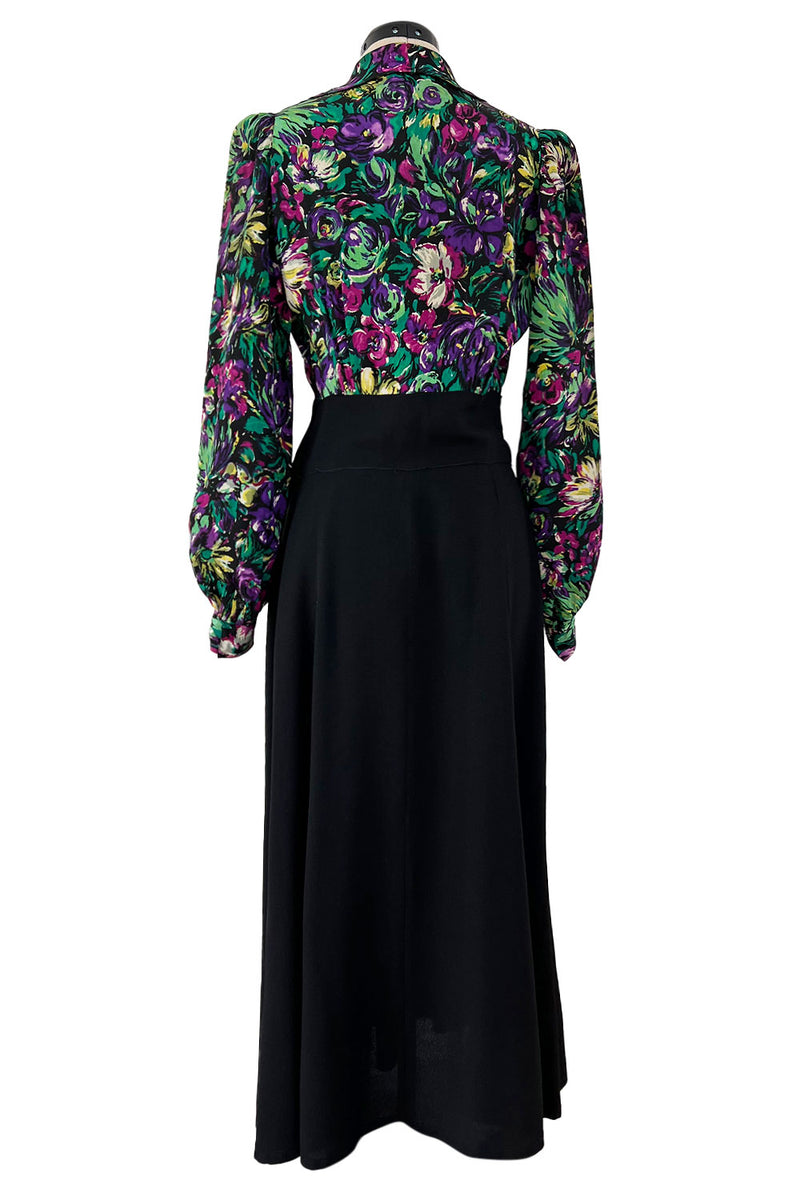 Chic 1930s Silky Rayon Vibrant Floral Printed Dress w Flared Black Crepe Skirt