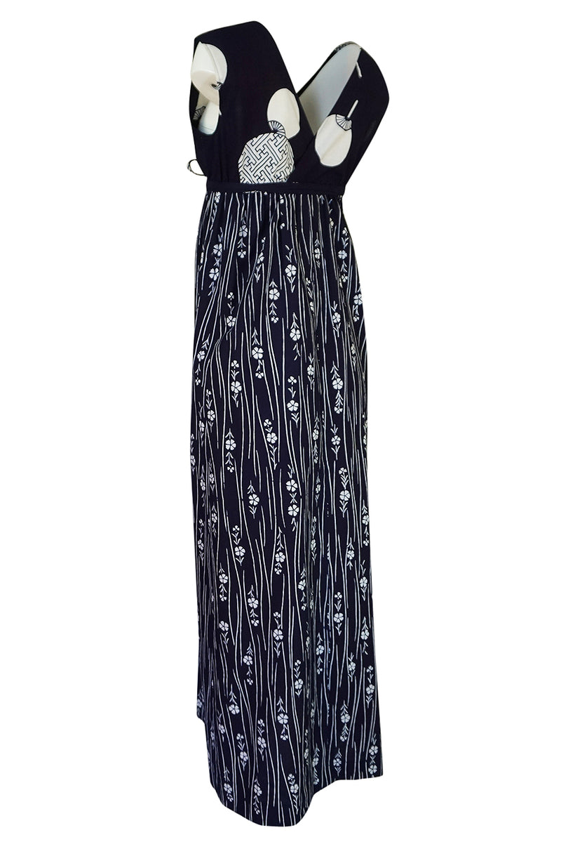 Spring 1977 Hanae Mori Fan & Flower Print Blue Yukata Cotton Dress