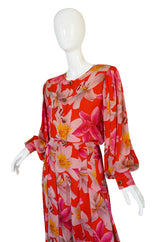 1980s Galanos Brilliant Floral Silk Chiffon Pant & Jacket Set
