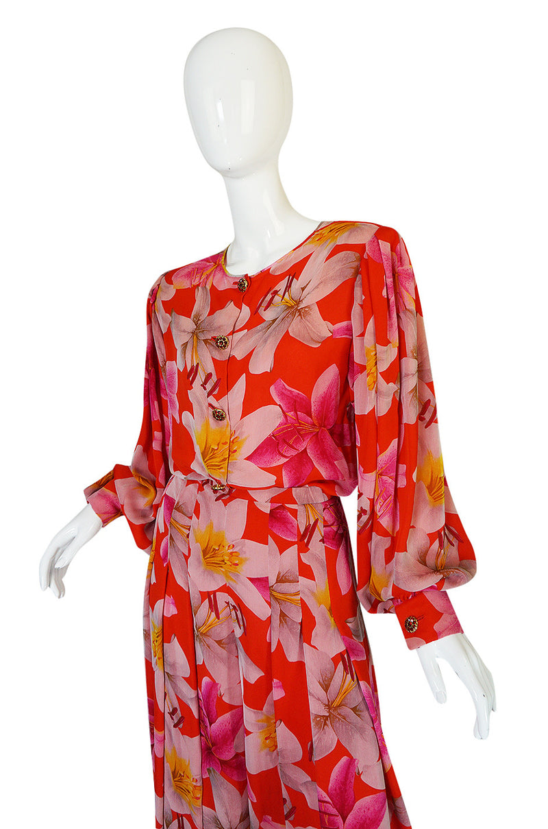 1980s Galanos Brilliant Floral Silk Chiffon Pant & Jacket Set