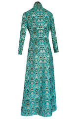 Gorgeous 1970s Mollie Parnis Turquoise Dress w Metallic Gold & Silver Detailing