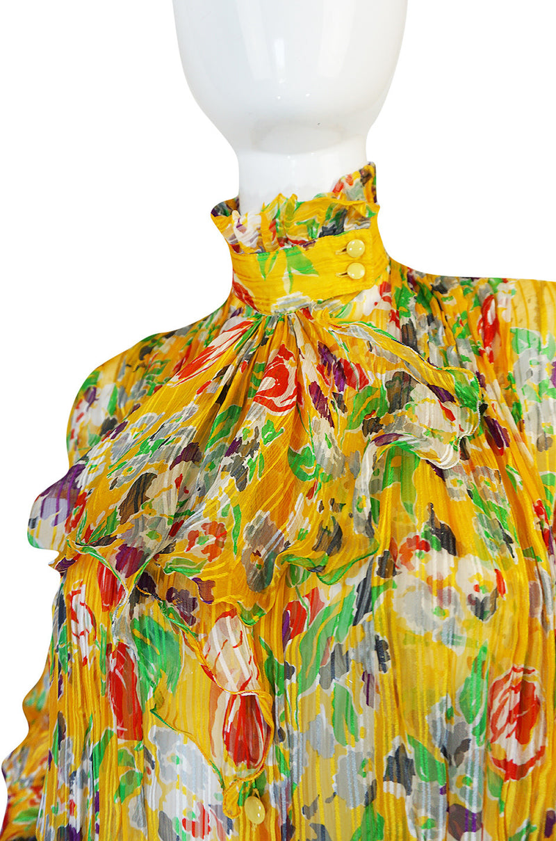 1981 Emanuel Ungaro Yellow Floral Printed Silk Ribbon Chiffon Ascot Top