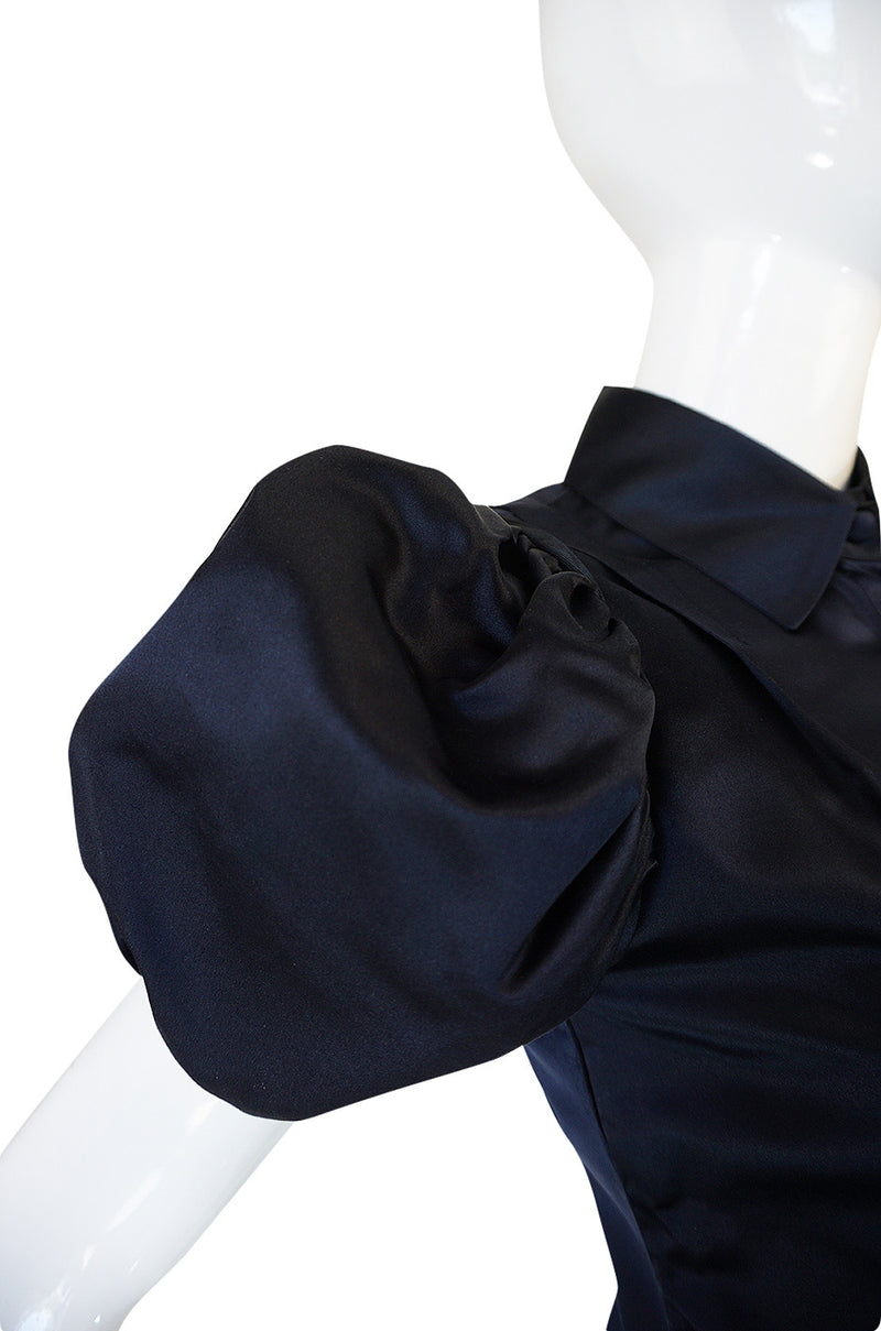 Stunning Recent Prada Deep Blue Silk Pouf Sleeve Top