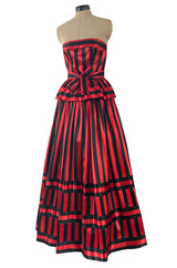 Stunning 1970s Victor Costa Red & Black Striped Satin Finish Strapless Dress