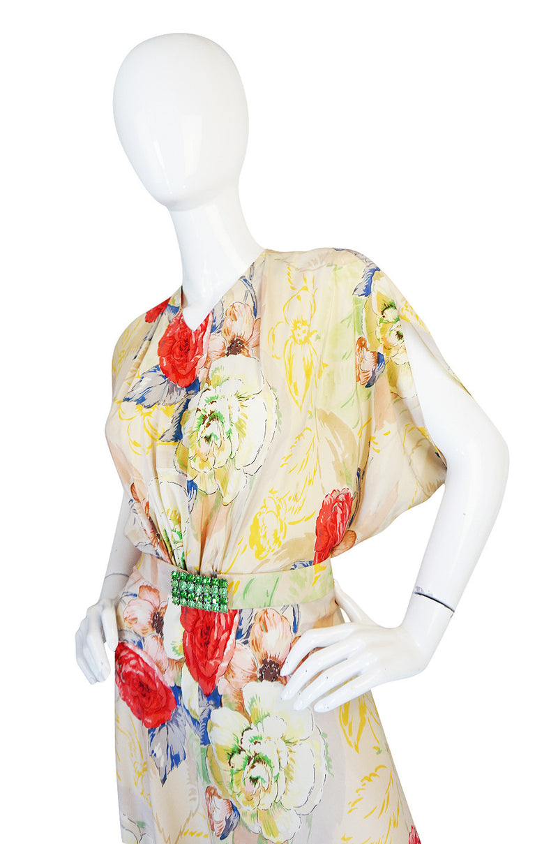 1930s Bias Cut Beautiful Floral Print Silk Flapper Gown