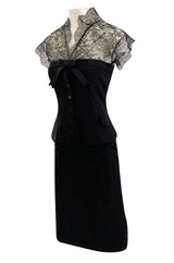 Spring 2004 Alexander McQueen Black Silk Taffeta and Black Lace Detailed Top & Skirt Set