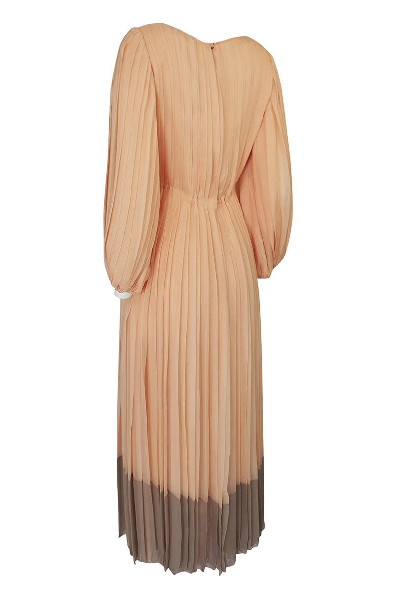 Spring 1973 Galanos Couture Pleated Peach & Taupe Silk Chiffon Dress