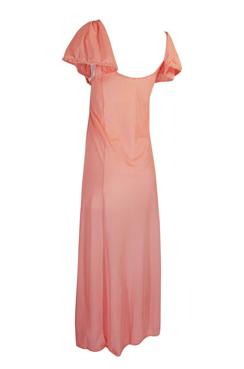 1970s Front Gathered Pink Coral Nylon Lingerie Dress