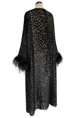 Gorgeous 1990s Valentino Intimo Black Metallic Voided Velvet Feather Cuff Caftan Dress