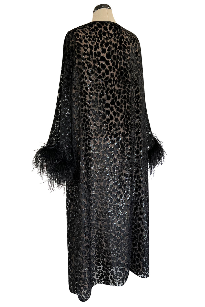 Gorgeous 1990s Valentino Intimo Black Metallic Voided Velvet Feather Cuff Caftan Dress