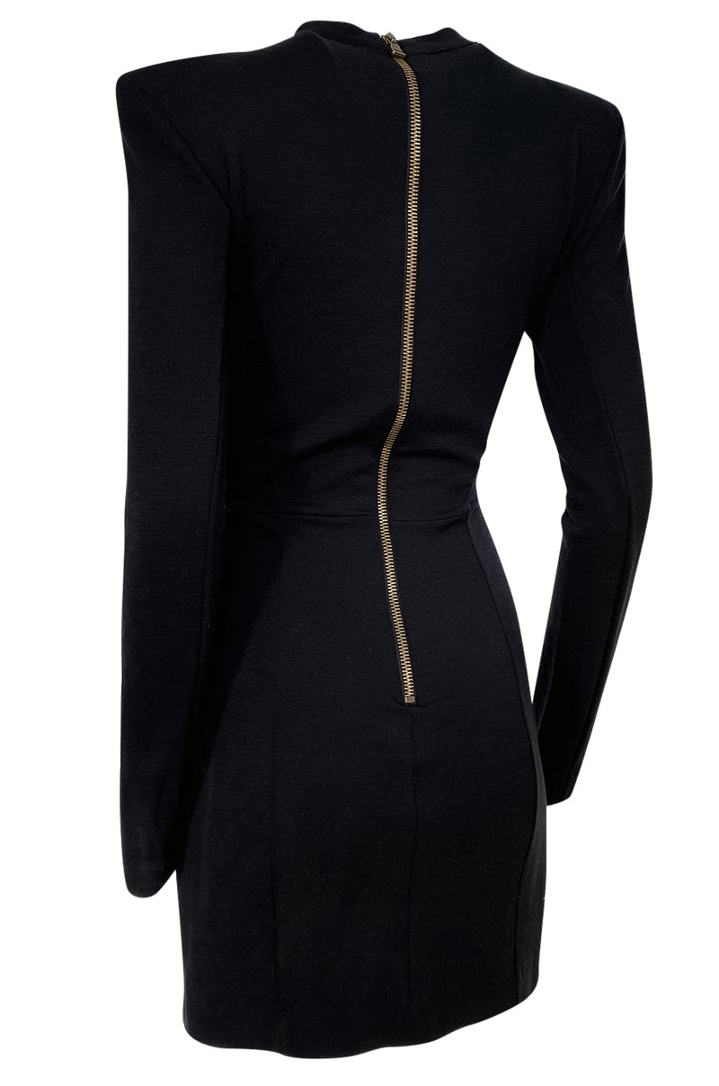 2010s Balmain Black Jersey Dress w Strong Shoulders, Front Knot & Keyhole