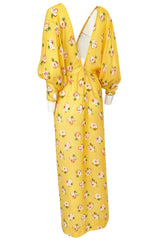 1970s Jean Varon Deep Front & Back Plunge Floral Print Yellow Crepe Dress