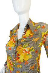 1970s Jeff Banks Lemon and Grape Print Silk Top
