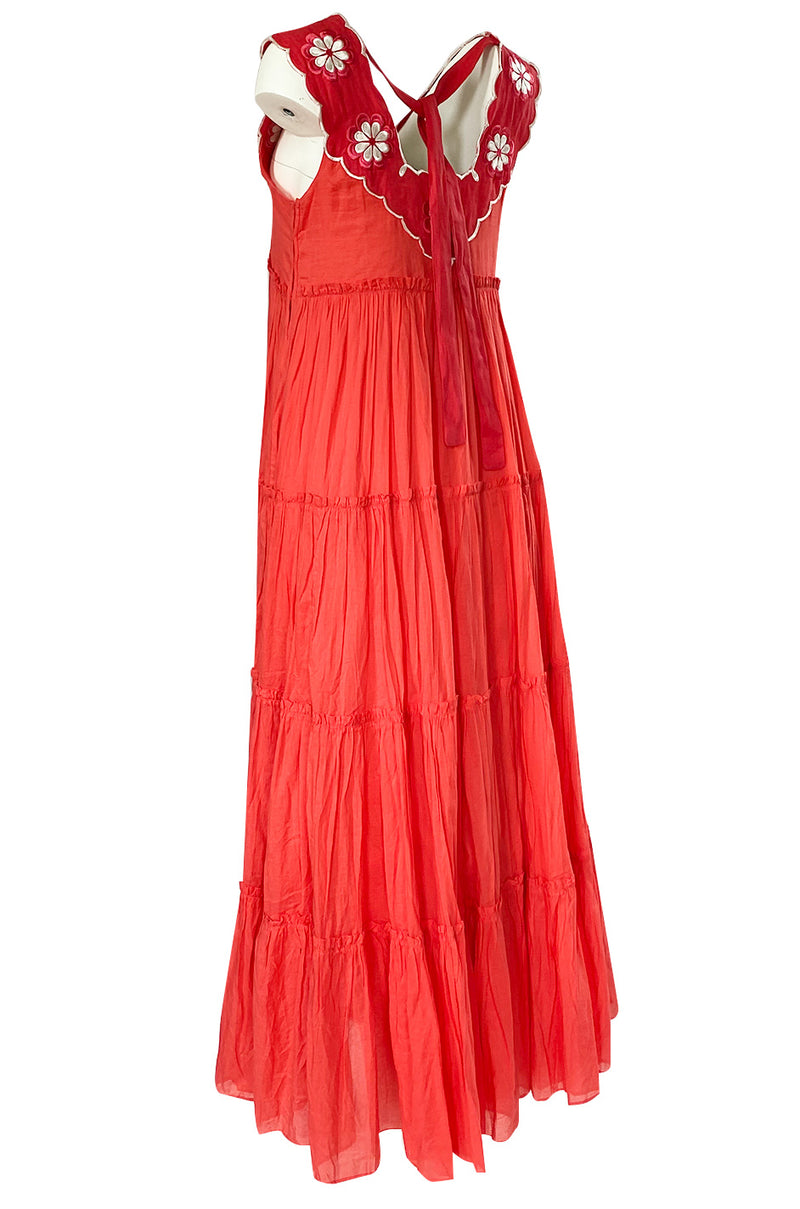 Fall 2019 Innika Choo Tiered Coral Cotton Full Length Embroidered Sun Dress
