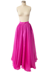 Numbered c.1979 Givenchy Vivid Pink Silk Organza Full Length Maxi Skirt