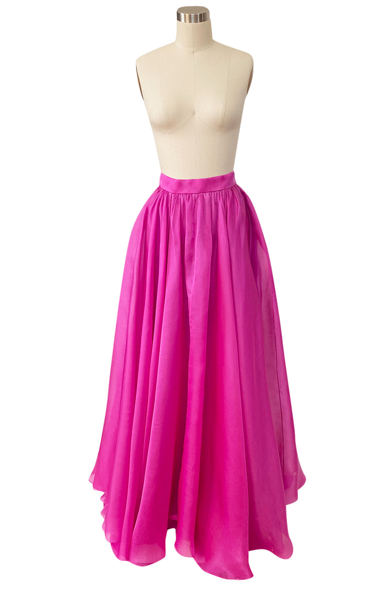 Numbered c.1979 Givenchy Vivid Pink Silk Organza Full Length Maxi Skirt